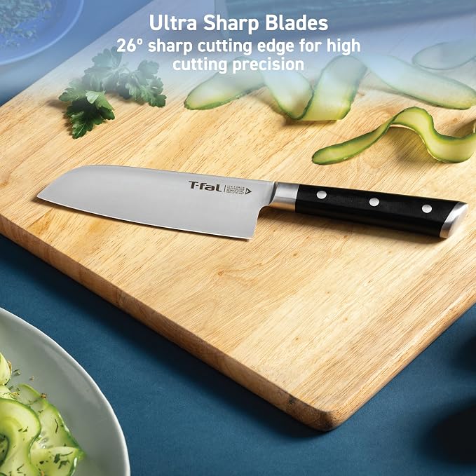 T-fal Ice Force German Stainless Steel Chef knife, Utility knife, Paring knife, 3 Piece, Long Lasting Sharpness, High Cutting Precision, Superior Durability, Ultra Sharp, Cookware Kitchen Knife, Black