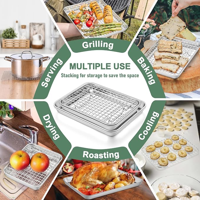 Homikit Quarter Sheet Pan with Wire Rack (2 Baking Sheet+2 Rack), 12" x 10" | Stainless Steel Quarter Baking Tray with Grid Cooling Rack for Toaster Oven Roasting, Metal Bacon Cookie Pan, Dishwasher Safe