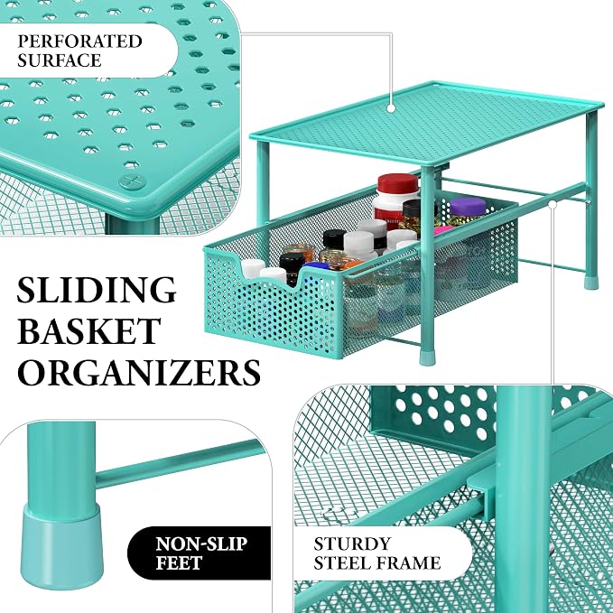 Simple Houseware Stackable Under Sink Sliding Basket Drawer, Turquoise | Perforated Free Standing Organizer, Kitchen/Pantry/Cabinet/Counter