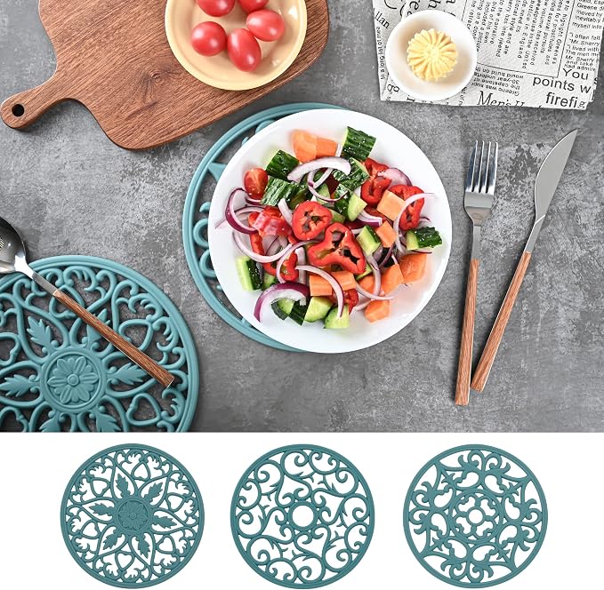 Silicone Trivets Mats for Hot Pots and Pans, Multi Purpose Trivets Mat -Heat Resistant Silicone Trivet Intricately Carved Hot Pads Set of 6 Blue