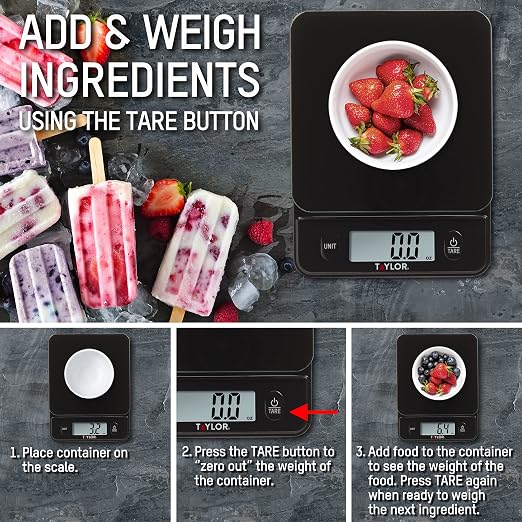 Taylor Glass Top Food Scale with Touch Controls, 11 lb Capacity, Sleek Black Design for Precision Food Measurement in Grams and Ounces (Pack of 4)