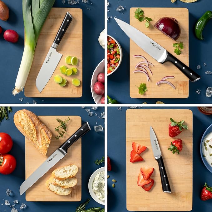 T-fal Ice Force German Stainless Steel Kitchen Knife Set and Wood Block 8 Piece, Long Lasting Sharpness, High Cutting Precision, Superior Durability, Ultra Sharp Blades, Cookware Kitchen Gadget Black