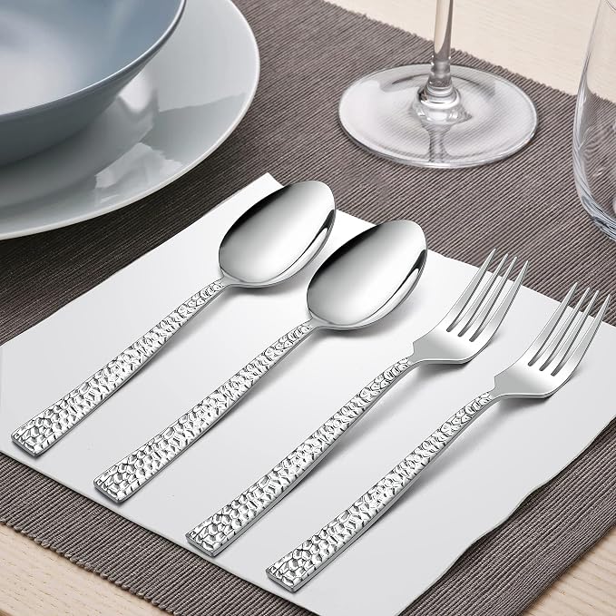 HaWare 24 Pieces Hammered Forks and Spoons Silverware set (7.9 Inches), Stainless Steel Flatware Cutlery for Home/Kitchen/Restaurant, Include 12 Dinner Forks and 12 Dinner Spoons, Dishwasher Safe