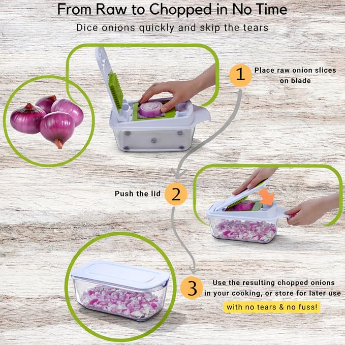 Brieftons QuickPush Food Chopper: 8-Cup Push-Down Onion & Vegetable Dicer, 3 German Steel Blades, BPA-Free Container with Keep-Fresh Lid and Cleaning Comb - Manual, Dishwasher Safe