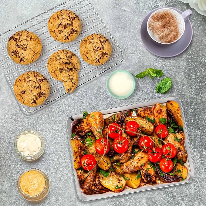 P&P CHEF 10.4 Inch Toaster Oven Pan Tray with Wire Rack, 2 PCS | Baking Sheet Pan + Cooling Rack for Cooking/Roasting, Dishwasher Safe & Rust Free, Non-toxic & Sturdy