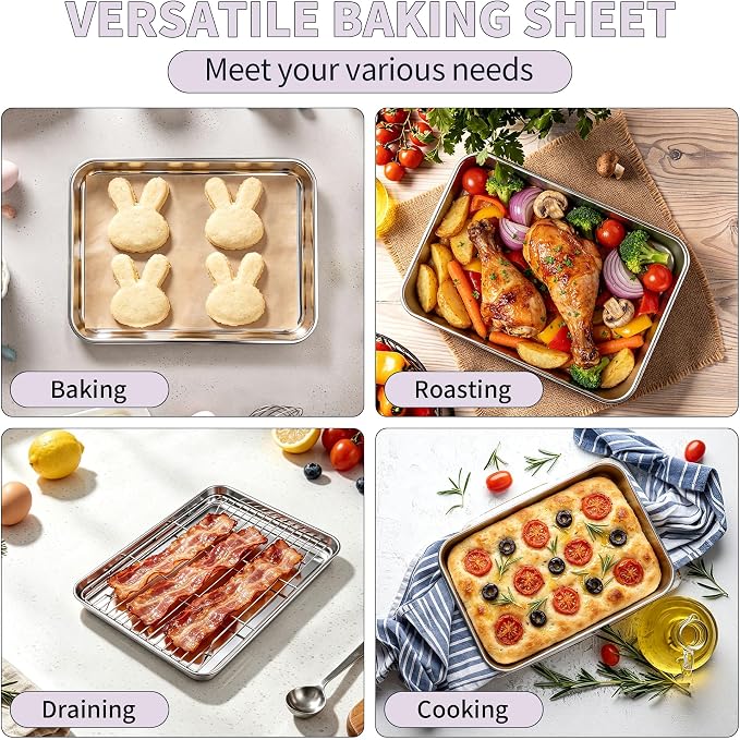 TeamFar Stainless Steel Toaster Oven Pan with Rack Set, 10.5"x 8"x 1" | 2 Pans + 2 Racks, Toaster Oven Baking Pan Tray with Cooling Rack for Cooking, Non-Toxic & Rust Proof, Dishwasher Safe
