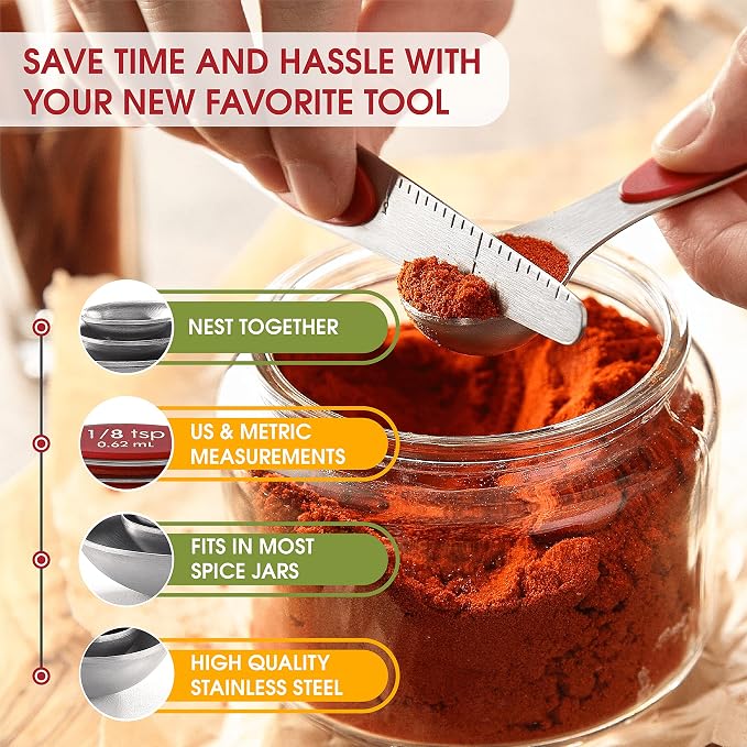 Spring Chef Red Stainless Steel Magnetic Measuring Spoons Set of 8 with Leveler, Dual Sided Nesting Teaspoon & Tablespoon Measuring Spoons, Kitchen Gadgets for Baking & Cooking, Fits in Spice Jars
