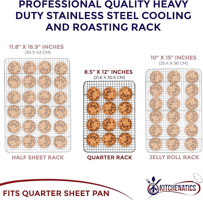 KITCHENATICS Quarter Sheet Cooling Rack Stainless Steel Oven Safe Set 2 | Fits standard quarter sheet pans for grilling, broiling, drying and draining grease while cooking