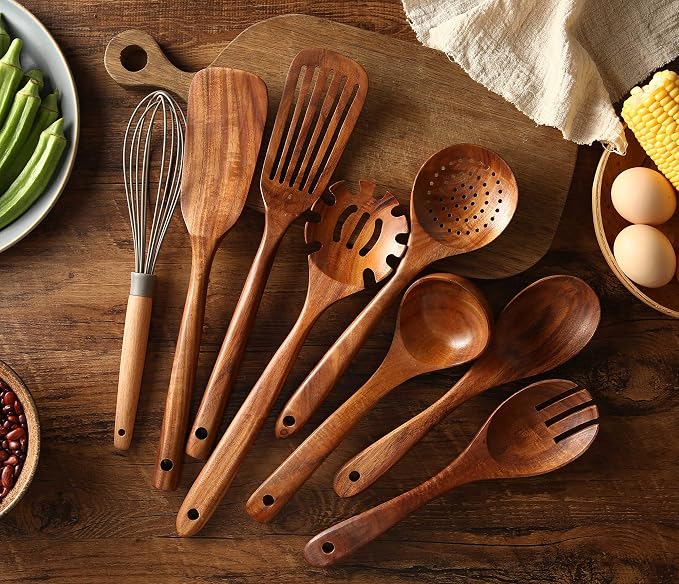 Wooden Kitchen Utensils set, 7Pcs Wooden Spoons for cooking Natural Teak Wood Kitchen Spatula Set for Cooking including Spoon Ladle Fork