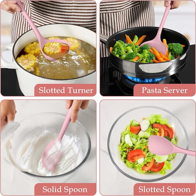 LIANYU Pink Silicone Cooking Utensils Set of 8, Non-Toxic Kitchen Utensils with Spatulas Spoons, Heat Resistant Non-Scratch Kitchen Tool, Healthy & Dishwasher Safe