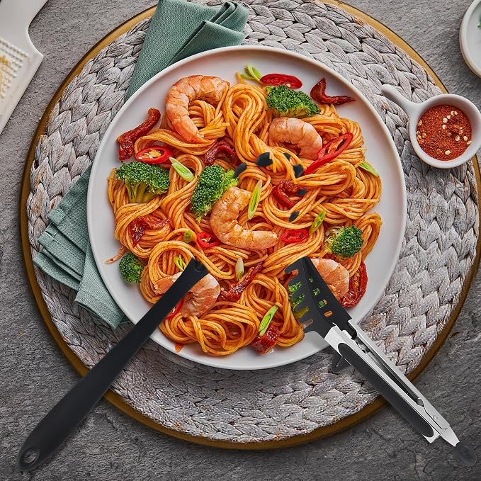 Silicone Pasta Tongs and Spaghetti Spoon Set with Non-Slip Silicone Teeth, 12-Inch Spoon and 9.8-Inch Tongs, Heat Resistant Kitchen Utensils with Storage Holes, Dishwasher Safe (black)