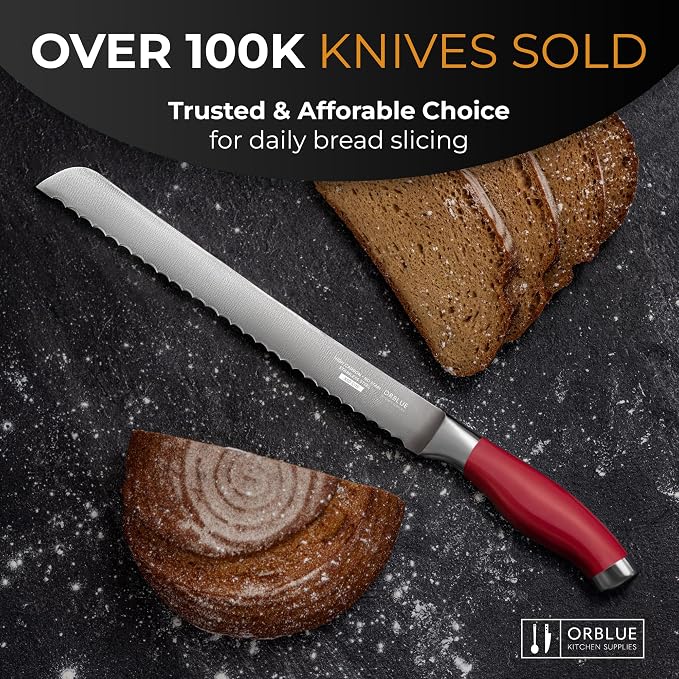 Orblue Serrated Bread Knife with 10-inch Upgraded Stainless Steel Razor Sharp Wavy Edge Width - Bread Cutter Ideal for Slicing Homemade Bagels and Cake (Live Red)