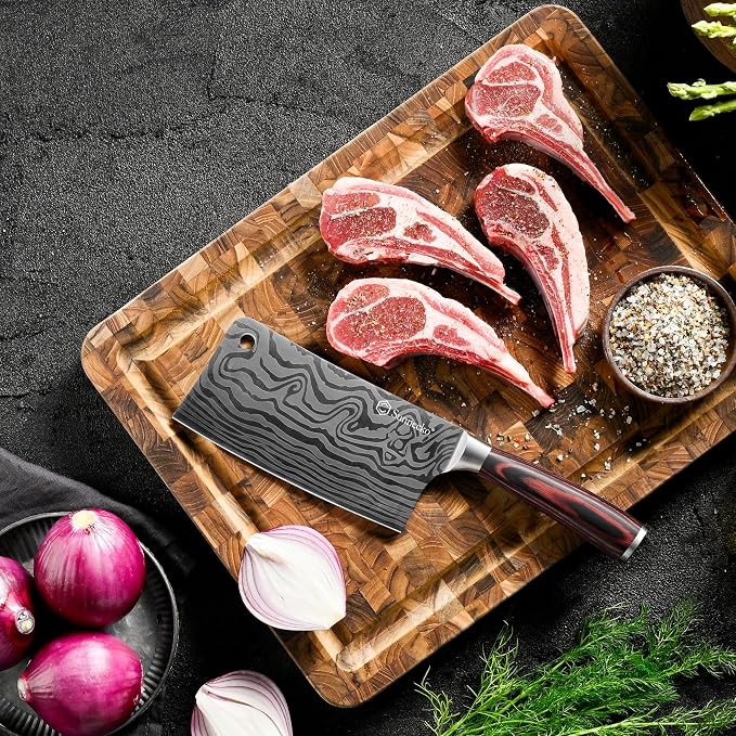 Sunnecko 7” Cleaver Knife, 12° Edge High Carbon Steel Meat Cleaver with Pakkawood Handle, Multipurpose Chef Knife for Meat Cutting&Vegetable, Butcher Knife with Sheath, Premium Gift for Cooks