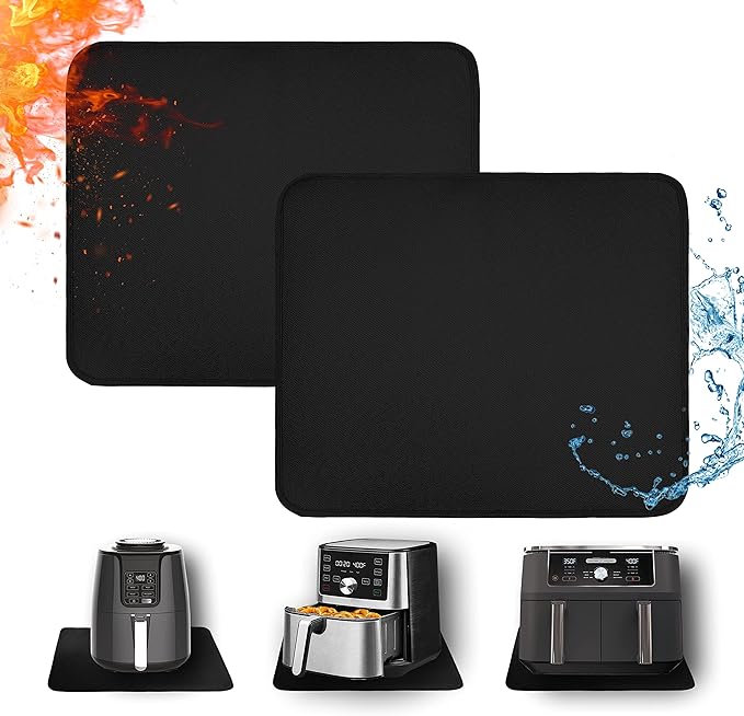 2 PCS Heat Resistant Mats for Countertop Air Fryer, 14x12in, Black | 1022 ℉ Fireproof mat, air fryer accessories for ninja, cosori, waterproof hot pads for kitchen toaster, oven, coffee maker