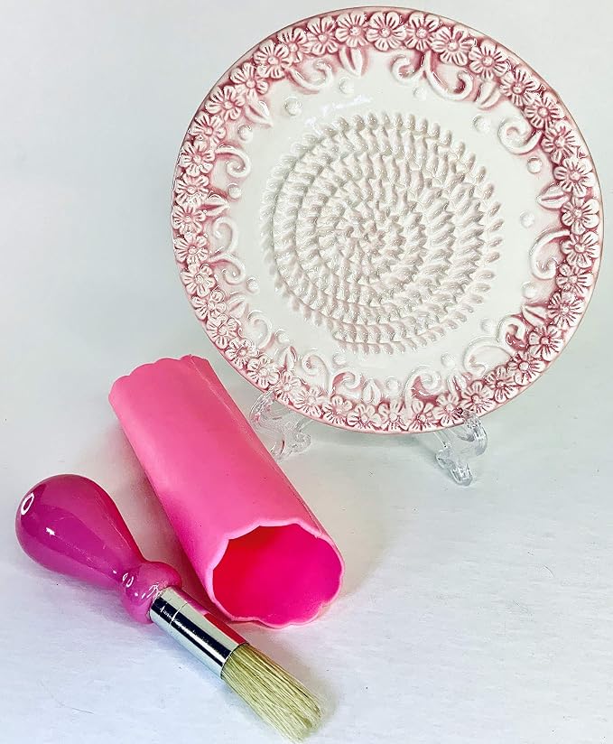 BonCera, All-in-one Premium Ceramic Garlic Grater Plate 4-Piece Set - Pink Embossed Design and Style - For Garlic, Ginger, Chocolate, and more! - Comes with 5.25" Plate, Peeler, Brush, and Stand