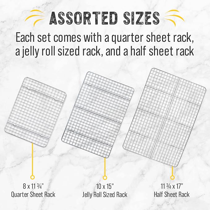 Checkered Chef Cooling Rack, Set of 3, Stainless Steel | Grid Wire Design, Oven Safe, Dishwasher Safe, For Cooking and Baking