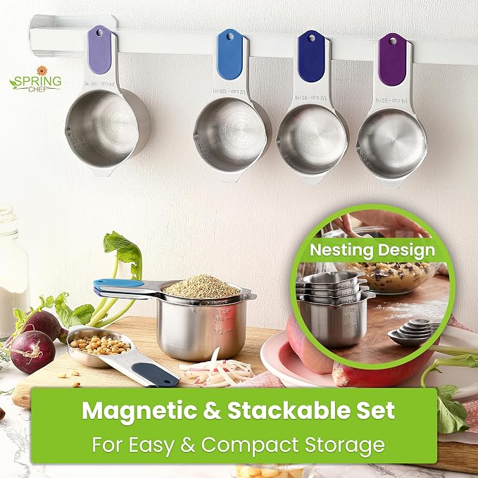 Spring Chef Magnetic Measuring Cups & Spoons Set of 16, Winter Frost | Patented Nesting Stainless Steel Measuring Cups & Heavy Duty Metal Measuring Spoons w/ Levelers for Dry & Liquid Ingredients