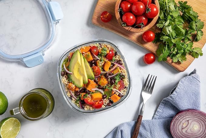 Ello Duraglass 4 Cup Glass Meal Prep Container with Lid, Halogen Blue | 4 cup glass meal prep container with silicone sleeve, leakproof BPA-free lid, microwave, freezer and dishwasher safe