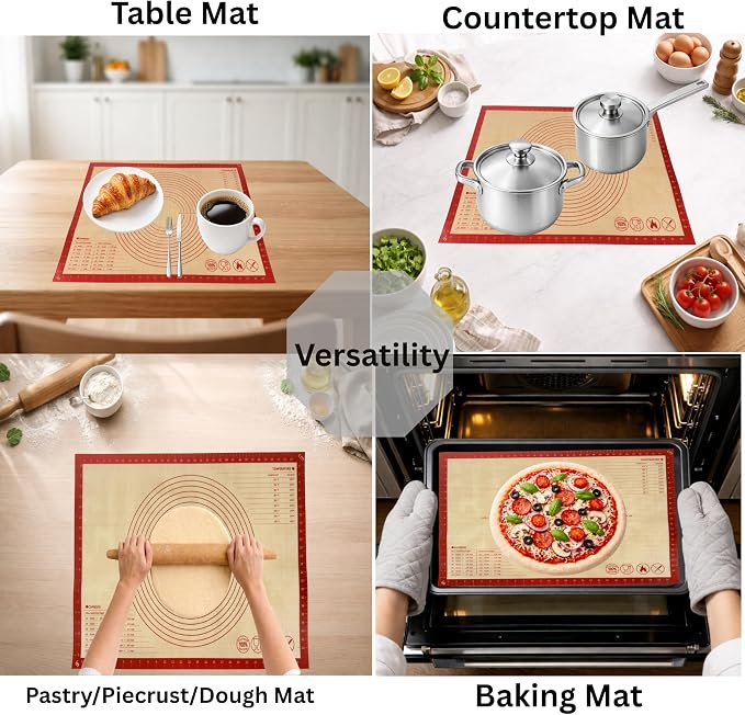 Silicone Pastry Mat with Measurements, 36 x 24 Inch Extra Thick Non-Slip Nonstick XL Baking Mat for Dough Rolling, Kneading, Fondant and Pie, Red