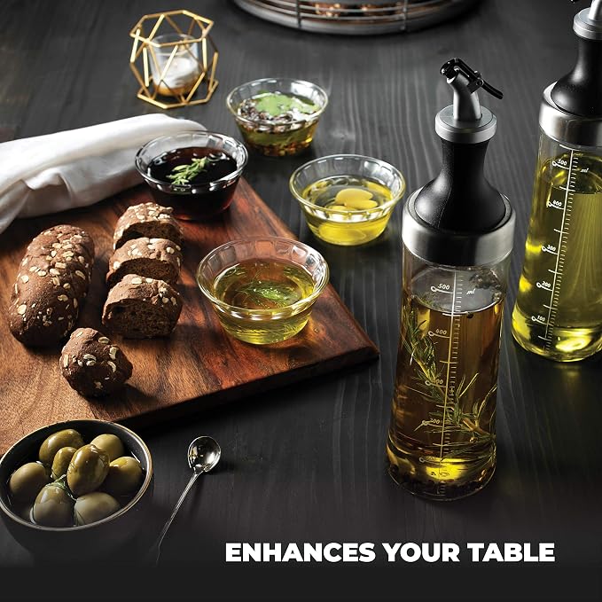 FineDine Superior Glass Oil and Vinegar Dispenser, Modern Olive Oil Dispenser, Wide Opening for Easy Refill and Cleaning, Clear Glass Oil Bottle, Pouring Spouts, 18 Oz. Cruet Set (Set of 2)