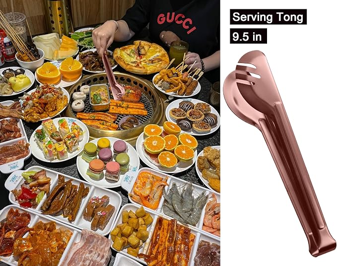 Rose Gold Buffet Party Serving Utensils Set 12 Pieces Copper Stainless Steel Flatware Silverware Set, Includes Serving Spoon Slotted Spoons Serving Forks Soup Ladle Serving Tongs Pie Server
