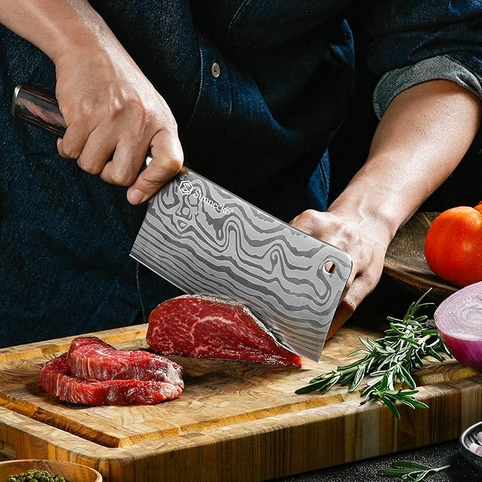 Sunnecko 7” Cleaver Knife, 12° Edge High Carbon Steel Meat Cleaver with Pakkawood Handle, Multipurpose Chef Knife for Meat Cutting&Vegetable, Butcher Knife with Sheath, Premium Gift for Cooks