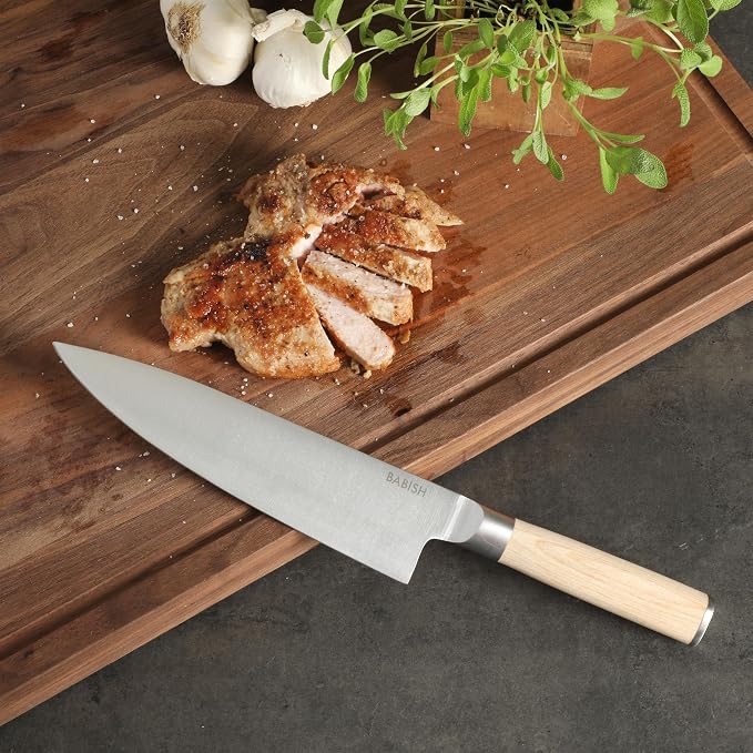 Babish 8-Inch Chef Knife – High-Carbon 1.4116 German Steel Kitchen Knife with Light Pakka Wood Handle, Full-Tang Razor Sharp Chef’s Blade for Chopping, Slicing, Dicing & Everyday Prep