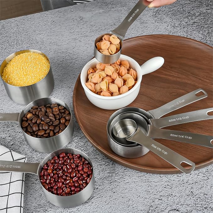 Measuring Cup Set of 8, 18/8 Stainless Steel Measuring Cups for Kitchen & Baking, Heavy Duty Metric & US Measure Cups Set with 2/3 Cup & 3/4 Cup Meaure Cups