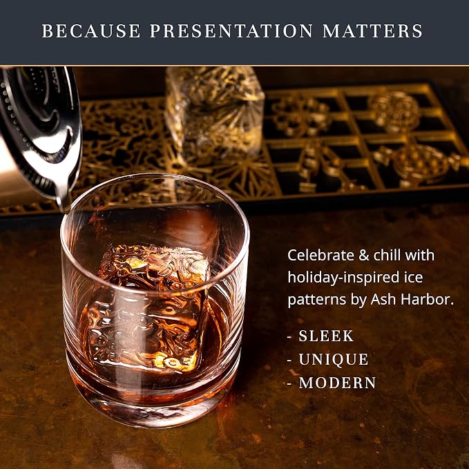 Clear Ice Cube Maker Design Tray - Craft Modern Ice Molds for Bourbon & Cocktails in 5 Seconds - Whiskey Mold Cube Stamp – Bartender Accessories - Copper Ice Press Cocktails by Ash Harbor (Holidays)