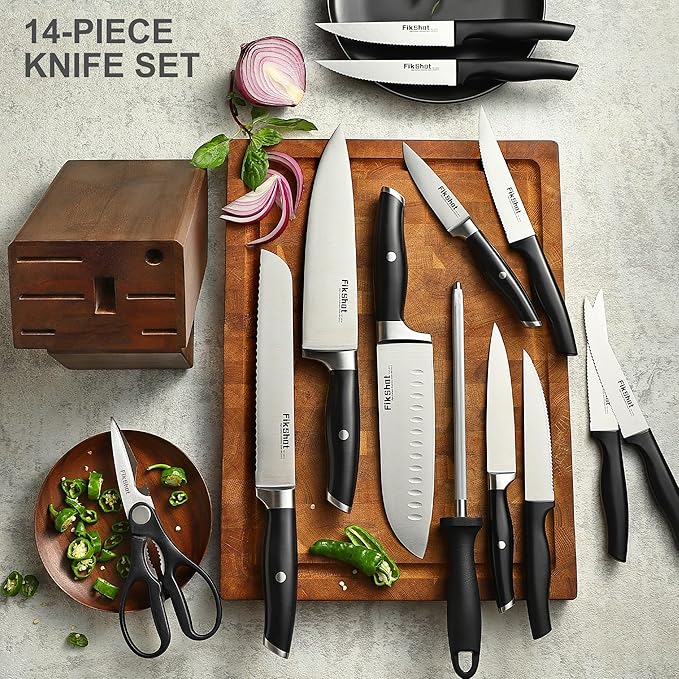 Fikshot Knife Set, German Stainless Steel, Black, 14-Piece kitchen knives | Full Tang Handle, Ultra-Sharp, Knife Block & Sharpener Included, Rust-Resistant, Dishwasher-Safe, , Gift for Chefs