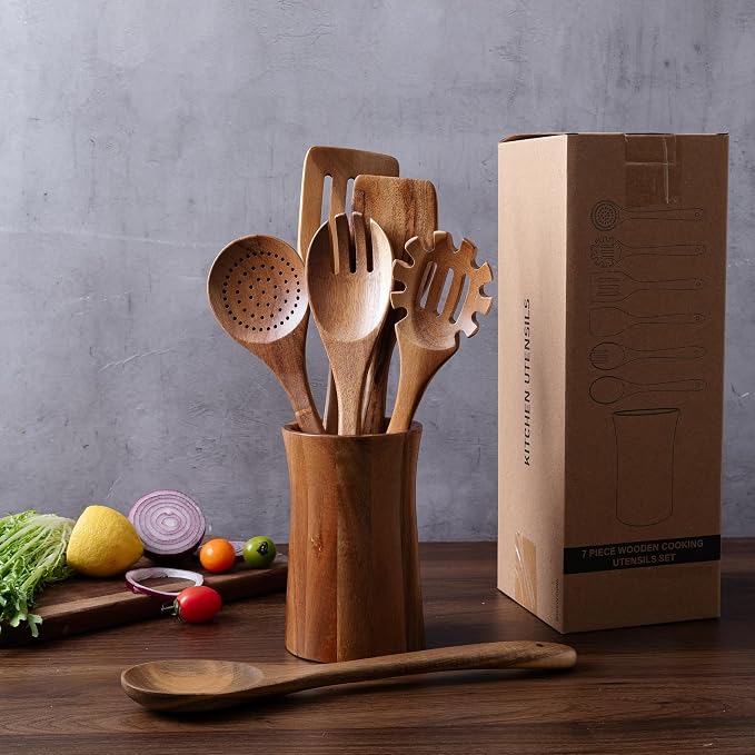 7 Piece Natural Acacia Wooden Kitchen Utensil Set with Holder - Wooden Spoons and fork for Cooking Comfort Grip Cooking Spoons, Spatulas, Strainer Spoon, Salad Fork, Mixing Spoon and Utensil Holder