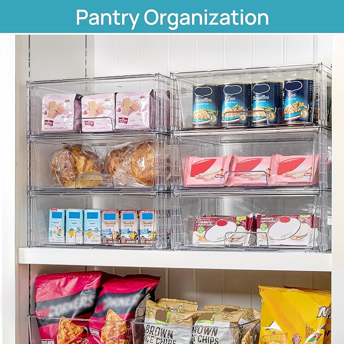 Vtopmart 6 Pack Large Clear Stackable Storage Drawers for Closet, Pantry | Easily Assemble Bathroom Closet Undersink Organizers,Plastic Bins for Cabinet,Kitchen Pantry,Medicine Organization