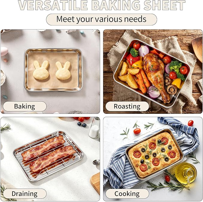 TeamFar Stainless Steel Toaster Oven Pan with Rack Set, 9"x7"x1" | 2 Pans + 2 Racks, Toaster Oven Baking Pan Tray with Cooling Rack for Cooking, Non-Toxic & Rust Proof, Dishwasher Safe