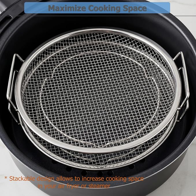 EIKS 2 Pack Air Fryer Rack Round Stainless Steel Basket, Dia. 8 inch | For Toasting, Cooking, Steaming, Cooling, Baking and Oil Strainer