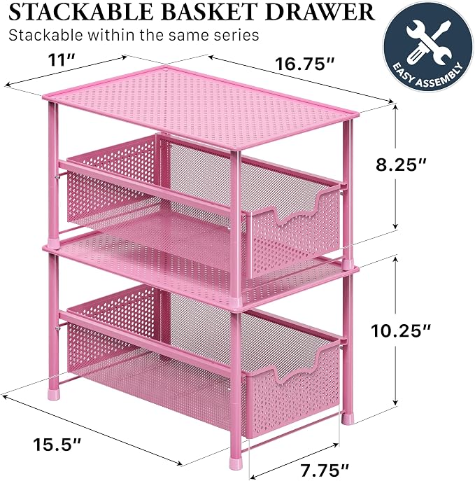 Simple Houseware Stackable Under Sink Sliding Basket Drawer, Pink | Perforated Free Standing Organizer, Kitchen/Pantry/Cabinet/Counter