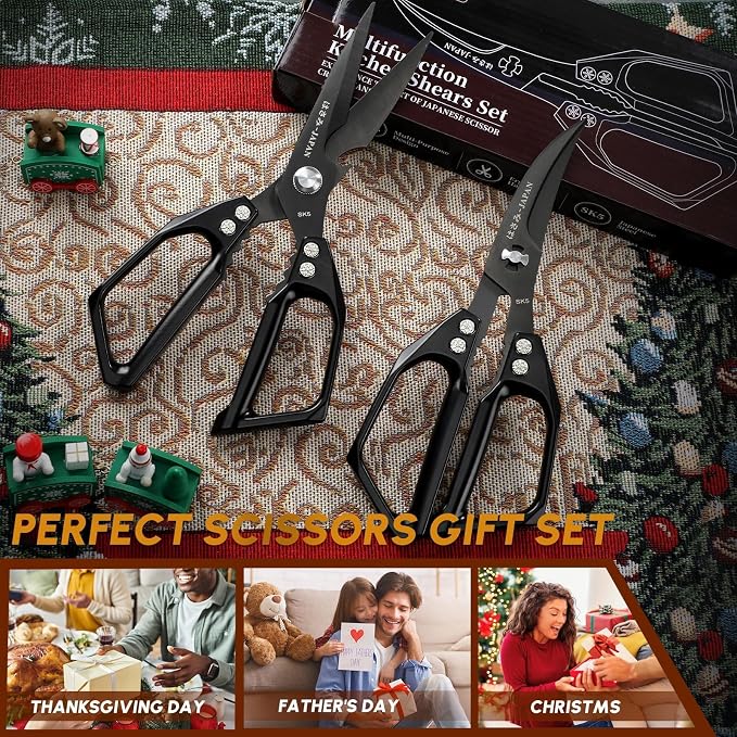 Kitchen Shears Set Black - Professional Seafood & Kitchen Scissors Set, Sharp Japanese-Style Meat Scissor for Crab, Shrimp, Lobster, Herbs and Food Prep, Gifts for Men Women