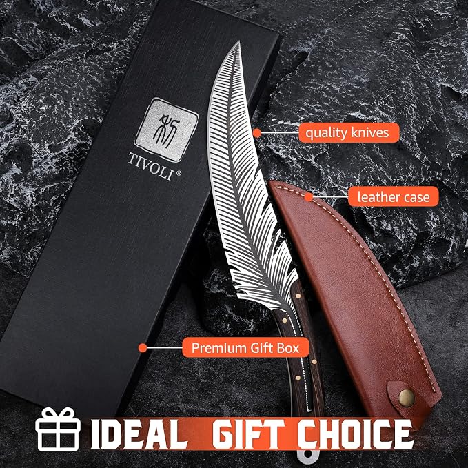 TIVOLI Feather Carving Knife,8 inch Boning Butcher Knife for Meat Cutting, Hand Forged High Carbon Steel Viking Fillet Knife for Brisket Outdoor Camping BBQ Father's Day Christmas Gift Men Women