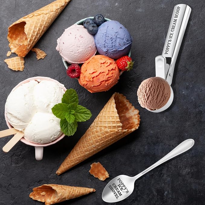 Christmas Poppy Gifts, Gifts for Grandpa from Grandkids, Poppy's Ice Cream Bowl Scoop Shovel Spoon Set, Poppy’s Ice Cream Birthday Grandparents Day Gift for Him Man
