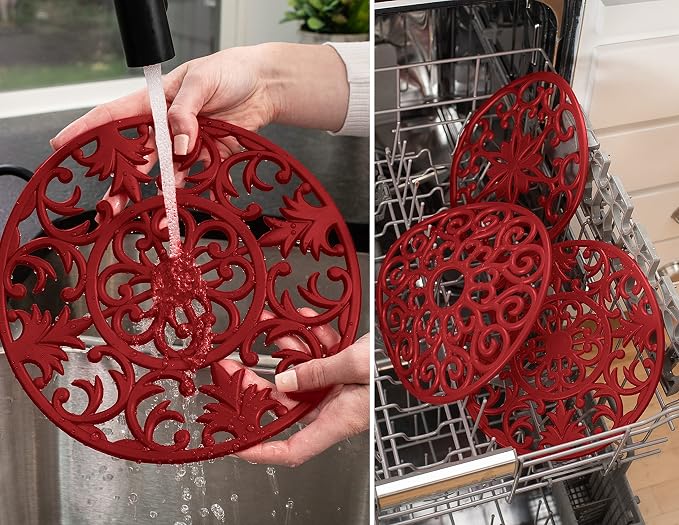 GASARE, Extra Large, Thick, 10" Silicone Trivets for Hot Dishes, Pots, and Pans, Hot Pads for Countertops, Flexible, Dishwasher Safe, 10 x ¼ Inches, Set of 3, Red