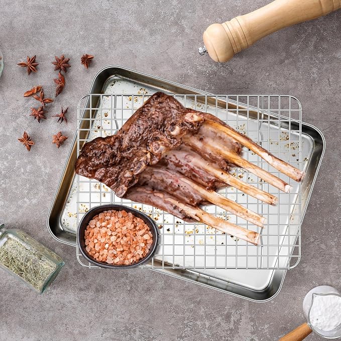 Homikit Quarter Sheet Pan with Wire Rack (2 Baking Sheet+2 Rack), 12" x 10" | Stainless Steel Quarter Baking Tray with Grid Cooling Rack for Toaster Oven Roasting, Metal Bacon Cookie Pan, Dishwasher Safe