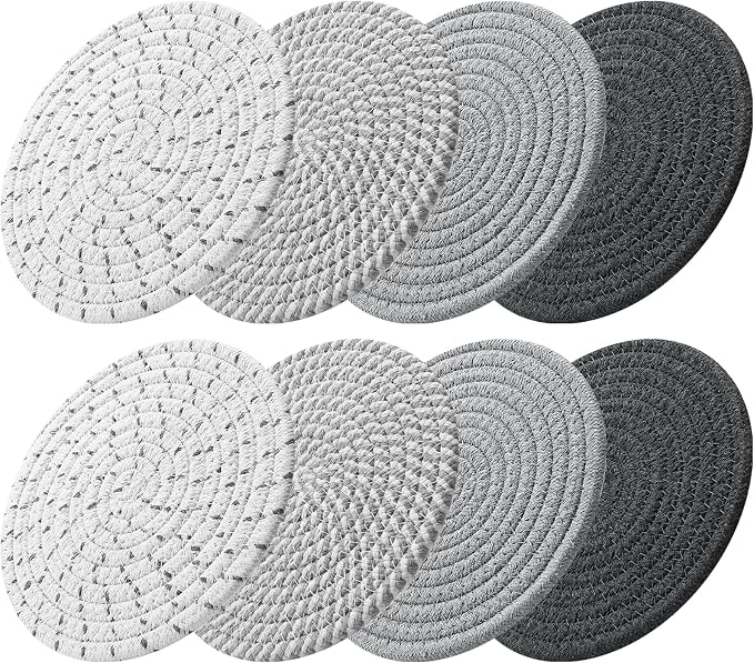 ME.FAN 8 Inch Trivets for Hot Dishs, 8 Set Cotton Thread Weave Trivets for Hot Pans, Potholders, Large Coasters, Hot Pads, Hot Mats to Protect Desktop & Countertop, Kitchen Essentials Grey