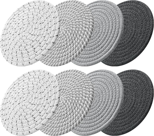 ME.FAN 8 Inch Trivets for Hot Dishs, 8 Set Cotton Thread Weave Trivets for Hot Pans, Potholders, Large Coasters, Hot Pads, Hot Mats to Protect Desktop & Countertop, Kitchen Essentials Grey
