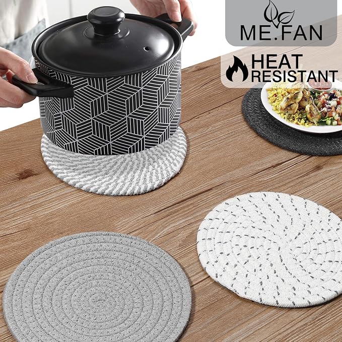ME.FAN 8 Inch Trivets for Hot Dishs, 8 Set Cotton Thread Weave Trivets for Hot Pans, Potholders, Large Coasters, Hot Pads, Hot Mats to Protect Desktop & Countertop, Kitchen Essentials Grey