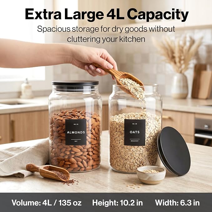 Glass Pantry Storage Jars Containers with Black Lids and Labels - Set of 2 | Extra Thick Round Glass Canisters with Black Lids and 63 Pre-printed Pantry Labels keeps dry Goods Fresh and Organized