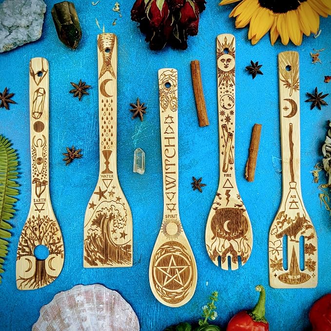 Kitchen Witch Utensils Set Laser Engraved 5 Elements Bamboo Large Cooking Utensils Set Cottagecore Kitchen Witch Gift Romantic Mothers Day Gifts