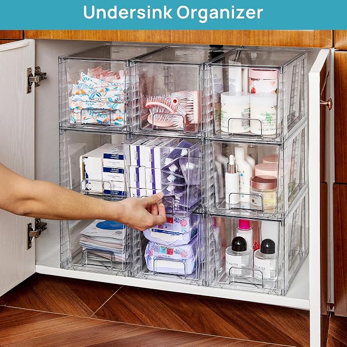 Vtopmart 6 Pack Large Stackable Storage Drawers | Easily Assemble Acrylic, Bathroom Closet Undersink Organizers, Plastic Bins for Kitchen Cabinets, Pantry, Makeup, Medicine