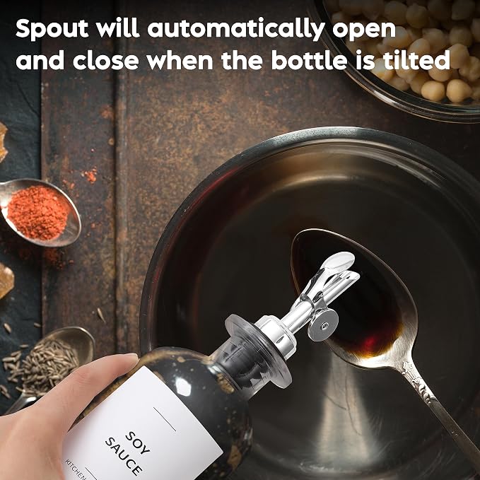 Spaceneat Olive Oil Dispenser Bottle - Includes 55 Kitchen Essential Labels - Cooking Oil Bottles for Kitchen, Coffee Syrup Dispenser - Pourer Spout with 11.8 fl oz Glass Container Cruet - 2pcs Silver