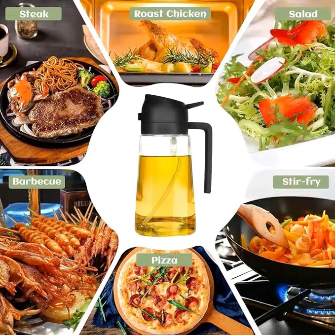 Oil Sprayer for Cooking 2 in 1, 470ml/16oz, Oil Spray & Dispenser Glass Bottle, Food-grade material for Kitchen, Salad Dressing, Frying, Air Fryer & BBQ (Black)