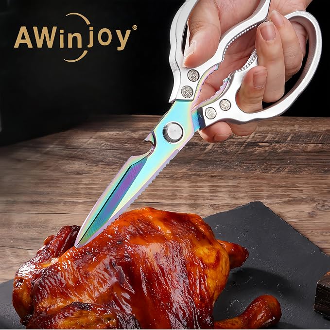 AWinjoy Heavy Duty Sharp Kitchen Scissors, Dishwasher Safe, Cooking Shears for Meat, Chicken, Fish, Poultry, Herb, Bread (Silver Color)