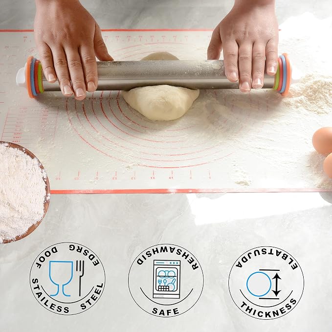 1Pcs Rolling Pin And Silicone Baking Pastry Mat Set, Stainless Steel Dough Roller, with Adjustable Thickness Rings Nonstick Mat, for Dough, Pizza, Pastries, Pasta, Cookies
